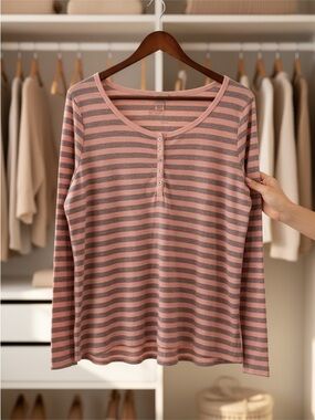 Mossimo Supply Co. Striped Henley T-Shirt Pink Grey Long Sleeve Plus Size XXL